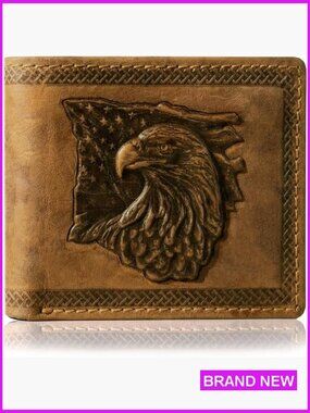 Men's Bifold Leather Wallet RFID Protection Vintage Tan Eagle Flag Design